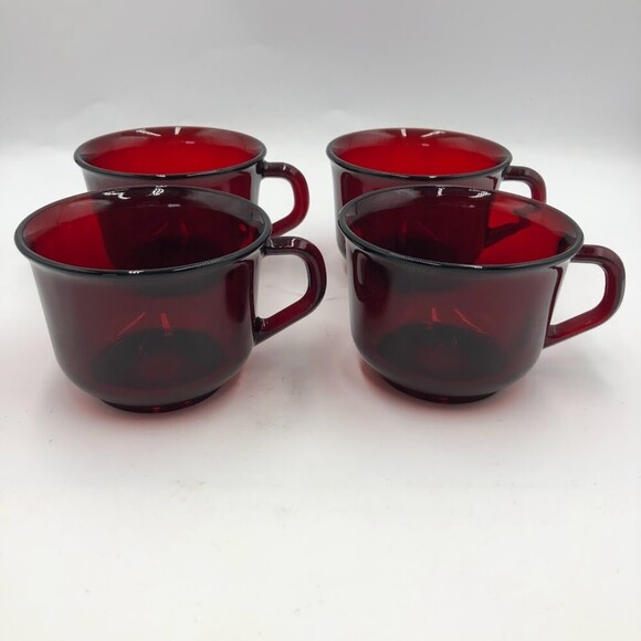 Vintage Ruby Red Glass Set of 4 Mugs Arcoroc France Collectible Glassware - Picture 3 of 12